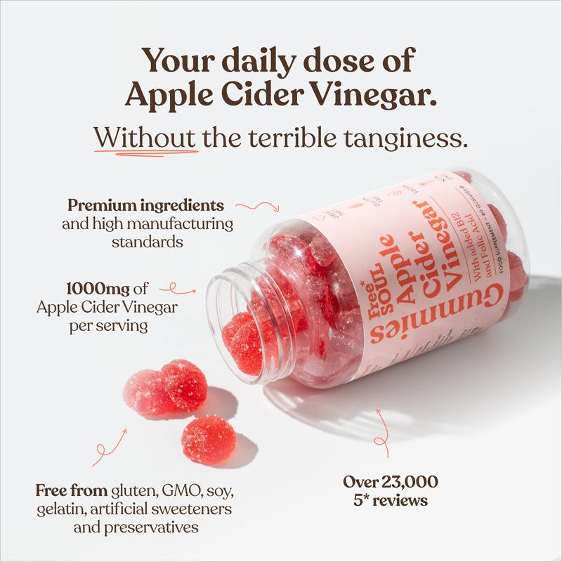 Apple Cider Vinegar Gummies by Free Soul – ACV with the Mother, Vitamin B12 & Folate | Gluten Free, Vegan, Natural | 60 Gummies