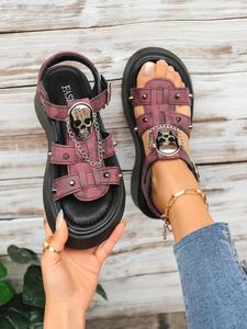 Summer New European Street Style Skull Decor Thick Sole Sandals, Vintage Worn Look Roman Women's Shoes, Fashionable and Comfortable, Fashionable Studded Sandals