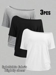 Women's Plus Size 3-Pack One-Shoulder Loose Short Sleeve T-Shirt, Casual Solid Color Basic Top, Comfortable and Stylish