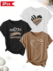 Women's 3-Piece Leopard Print Casual Round Neck Short Sleeve Top, Soft Comfortable, Spring Summer Fashion, Fit, Everyday