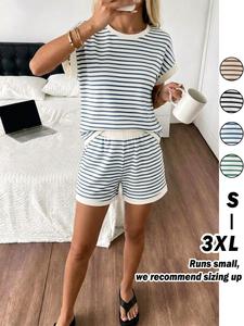 Women's Stripe Knit Short Sleeve TeeShirts & Shorts Set Casual Summer Loungewear Pink Striped 2 Piece Set，Beach vacation style, island outfits