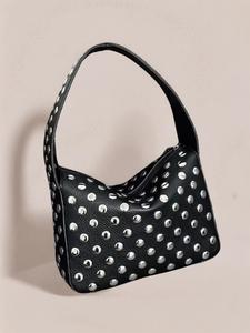 Women's Punk Style Studded Decor Handbag, Pu Leather Black Bag, Fashionable Solid Color Embellished Shoulder Stylish Square Bag for Women, Studded Hobo Bags, Fashion Casual Trendy Purses