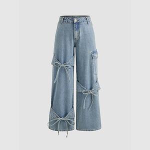 Cider [5 colors, size 4-28] Cider Denim Low Rise Solid Bowknot Pocket Wide Leg Jeans