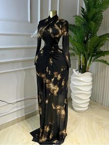 PULKRITU Elegant Chic Women Printed Draped Long Sleeve Maxi Prom Dress, Birthday Evening Club Vacation Party Outfit Gown, Female Fashion Music Festival Dress,Sexy Mesh Sheer Lady Skirt