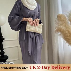 #CL22 Elegant solid color muslim abaya three piece set, Bottoming skirt, jacket, belt, muslim fashion abaya for women