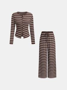 Women's 2-Piece Wide Leg Pants and Long Sleeve Striped Set, Casual Spring & Fall Knit Cardigan, Perfect for Comfort and Fashion