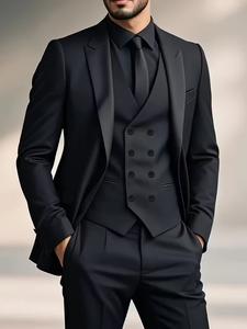 Men's Traditional Three-Piece Formal Suit, Notch Lapel Design, Double-Breasted Vest, Adjustable Waist Pants, Suitable for Various Occasions