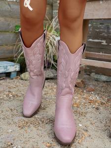 Women's Denim Boots, Western Style Cowboy Booties with Embroidered Glitter Design, Chunky Heel Ankle Boots for Fashion Lovers, Thick Heeled Boots