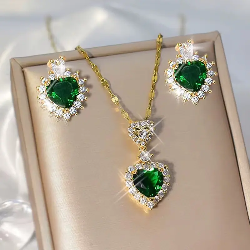 Crystal Green Heart Drop Earring and Necklace Set for Women