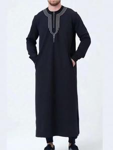 Men's Front Half-Zip Closure Embroidered Robes with Pockets, Loose Casual Long Sleeve Round Neck Robes for Spring & Fall, Fashion Muslim Clothing for Men, Islamic Robe, Modesty Thobe, Traditional Arabic Robe, Premium Traditional Thobe