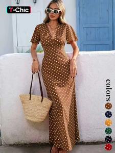Women's Bohemian V-Neck Short Sleeve Long Dress, Casual Polka Dot Vacation Style, New European and American Fashion
