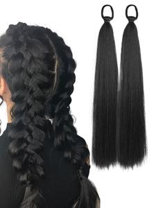2 Piece Long Straight Ponytail Extensions with Elastic Band, Multifunctional DIY Braided Hairpiece, Fashionable Loop Braid, Synthetic Braids, Suitable for Women Girls