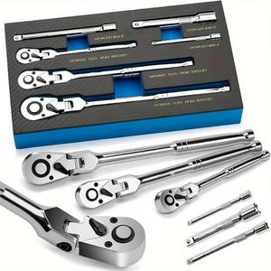 6pcs Flex Head Ratchet Set | 1/4", 3/8", 1/2" Drive, Swivel Head Ratchet Wrench with Extension Bar, 72 Tooth, 180° Adjustable, Quick-Release, Flexible Ratchet Handle with EVA Foam