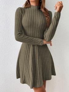 Women's Mock Neck Ribbed A Line Dress, Elegant Plain Long Sleeve Short Dress, Ladies Clothes for Daily Wear, Dresses for Women