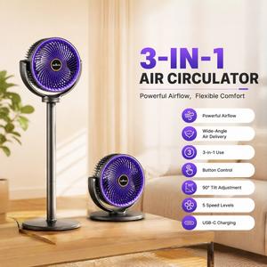 Multi-height air circulating floor fan, Rechargeable table fan, minimalist desktop cooling system, 5 speed settings, 4-section telescopic stand, 90-degree tilt, USB-C, low decibel, suitable for hot summer, indoors and picnic tents