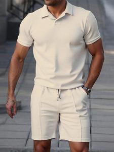 Men's Summer Casual Plain Two-Piece Set, Casual Outfit Set, V-Neck Short Sleeve Fitted Polo Shirt and Shorts, Breathable Fabric, Perfect for Outdoor Activities and Vacations