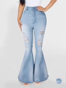 Women's Solid Faded Ripped Flare Leg Denim Pants, Casual Pocket Button Bell Bottom Jeans for Summer, Women's Bottoms for Daily Wear