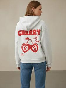 Women's Cherry & Letter Print Drop Shoulder Hoodie, Fashion Casual Drawstring Pocket Hooded Sweatshirt, Graphic Sweatshirts for Daily Holiday Outdoor Wear, Drawstring Hoodie Top, Women Clothing for Fall & Winter