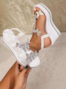 Women's Fashionable Rhinestone Butterfly Wedge Sandals, Elegant Slip-On Sandals for Parties and Everyday Wear Footwear Decor, Glitter Decorated Sandals, High Wedge Sandals