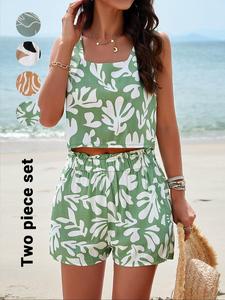 Women's All Over  Print Crop Tank Top & Shorts Two-piece Set, Casual Sleeveless Top & Shorts for Summer, Ladies Clothes for Beach Vacation