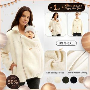 Pwest MAMA Women Before & After Babywearing Fleece Jacket Soft Teddy Fleece, Long sleeve Zippered Jacket with Pocket, Detachable Babywearing Panel, Winter Warmth, 2 in 1 Design Cream BlackFriday