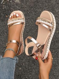 Women's Fashionable Boho Style Rhinestone Decorated Platform Sandals, Casual Comfortable Wedge Sandals for Beach Vacation, Trendy Exquisite Flatform Slide Sandals for Women, Footwear