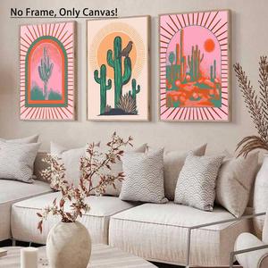 Boho Cactus Pattern Unframed Painting, 3 Counts/set Modern Canvas Wall Art, Wall Decor for Home Living Room Bedroom Office School