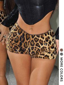Women's Leopard Print Contrast Sequin Shorts, Fashion Casual Shorts for Daily Outdoor Wear, Ladies Bottoms for Summer