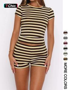 Women's Summer Olive Striped Slim Fit Two-Piece Set, Round Neck Short Sleeve Top + High Waist Mini Shorts