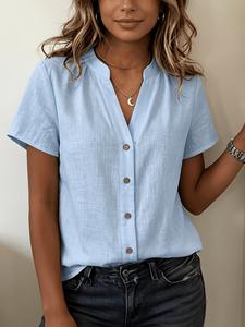 Women's Simple Elegance V-Neck Short Sleeve Shirt, Textured Half Open Front, Comfortable Loose Fit, Ideal for Summer Vacation, Parties, Weddings