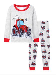 2 Pcs Kids Long Sleeve Round Neck Top & Pants Set, Digital Print Tractor Design, Casual Loose Fit Home Wear Sleepwear