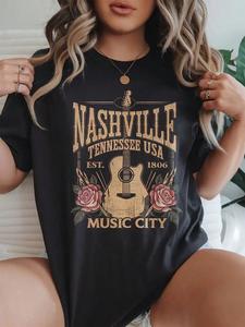 Nashville Music City Women's Oversized Round Neck cotton T-Shirt, Vintage Guitar & Rose Print Short Sleeve Top, Spring Summer