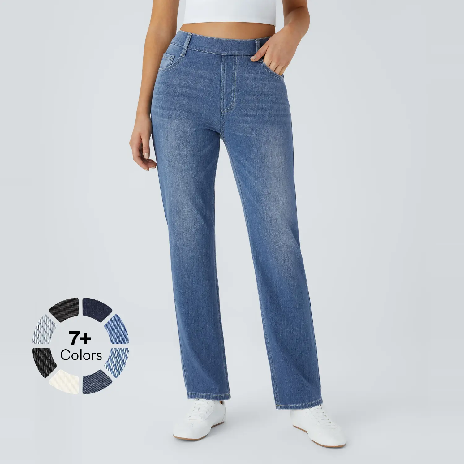 Halara Flex High Waisted Multiple Pockets Straight Leg Washed Stretchy Knit Casual Jeans - Stretchy Comfortable Casual Denim #DealDrops