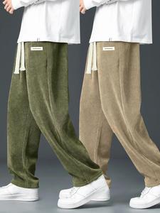 Men's Letter Patched Corduroy Pants, Casual Comfy Straight Leg Trousers for Fall & Winter, Men's Bottoms for Daily Wear