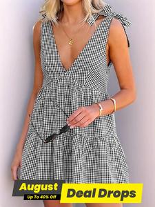 Women's Plaid Print Bow Decor Tie Shoulder Sleeveless Dress, Fitted Casual Fashion Gingham Dress for Daily Holiday Vacation Wear, Ladies Dress for Summer, Going Out Dresses, Womenswear, Casual Classy Dress, Bow Dress