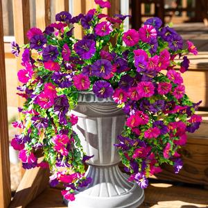 Artificial Hanging Flowers, Fake Plants Outdoor, Faux Flowers with Eucalyptus Leaf, UV Resistant Realistic Hanging Petunias Plants for Home Garden Decor, Garden Decorations, Plastic Faux Flowers