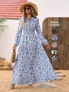 Women's Ditsy Floral Print Tie Neck Shirred Ruffle Trim A Line Dress, Boho Fashion Long Sleeve Maxi Dress for Daily Holiday Vacation Wear, Ladies Dress for Spring & Fall