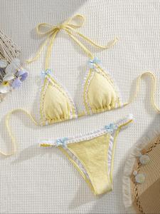Two-piece Set Women's Contrast Lace Bow Decor Bikini Sets, Casual Tie Back Swim Bra & Swim Panty, Ladies Swimsuit for Beach Holiday Vacation, Bikini Swim Top, Summer Bikini Beach, Bathing Suits, Halter Swimsuit