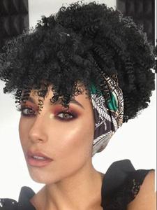 12 Inch Black Curly Synthetic Wig with Bangs for Summer 2025, Mother's Day Gift, Wrap Wig with Headband Attached Scarf Wig Turban Drawstring Afro High Puff Head Wrap, Gorgeous Fluffy Wigs