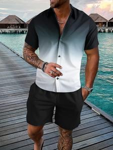 Tropical Men's Ombre Print Short Sleeve Shirt & Drawstring Waist Shorts Two-piece Set, Regular Fit Casual Fashion Cozy Breathable Shortsleeve Two Piece Outfits for Summer, Men Clothes Set for Beach Vacation, Menswear, Summer Clothing Set, Lounge Shorts