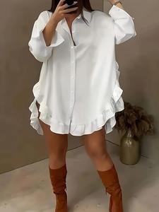 Women's Plain Fabric Ruffle Trim Button Front Feminine Blouse, Shirts, Casual Long Sleeve Collared Top Fit for Daily Wear Piece, Ladies Clothes for All Seasons, Womenswear