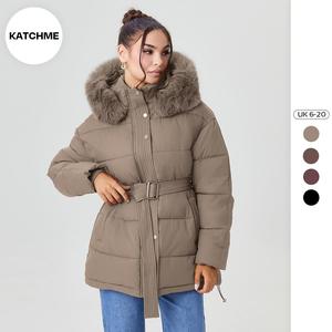 Katch Me Look Women's Versatile Solid Color Fluffy Hooded Zip-Up Belt Decor Cotton Coat(B), Cozy Outerwear Jacket for Fall & Winter, Classy Mid-Length Outfit