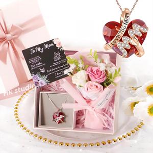 To My Mom Gift Set, Heart Shaped Pendant Necklace & Flower Bouquet & Gift Box & Greeting Card, Gift for Mom, Love, Jewelry Love Knot Necklace, Heart Style Choker