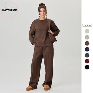 Katch Me Look Women's Casual Solid Color Loose Long Sleeve Top & Exposed Stitches Trousers Co-ord, Lightweight Round Neck Top & Wide Leg Trousers Two Piece Outfits