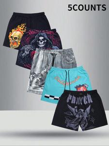 Men's Skull & Letter Print Drawstring Waist Shorts, Regular Fit Casual Comfy Breathable Beach Shorts for Summer, Men's Bottoms for Daily Wear