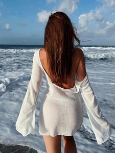 Women's Solid Color Backless Crochet Summer Swimming Cover Up Dress, Regular Fit Casual Comfy Long Sleeve Boat Neck Cover Up Dress for Beach Holiday Vacation, Ladies Clothes for All Seasons, Clothing, Beach Outdoor Wear, Swimwear Cover Up