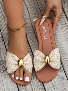New Woven Bow Sandals Metal Buckle Flat Strap Slippers Soft Lightweight, Casual Solid Pattern, All Seasons Footwear Elegant Sandals