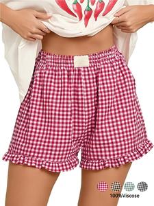 Women's Plaid Shorts Fashion Casual Elastic Waist Pocket Sleepwear Full Cotton Breathable Versatile Loose Fit Short Pants Y2K Girl Leisure Shorts