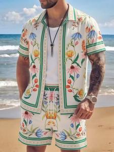 Men's Summer Beach Casual Short Sleeve Button Shirt Set, Fashion Plant Print Clothing, Perfect for Outdoor Fun and Parties