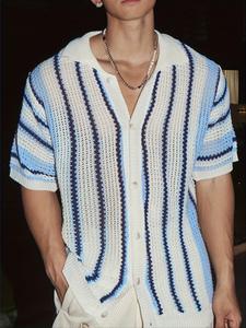 Men's Patchwork Striped Print Cardigan, Loose Casual Short Sleeve Knitwear for Summer, Fashion Men's Knit Clothing for Daily Wear, Tops